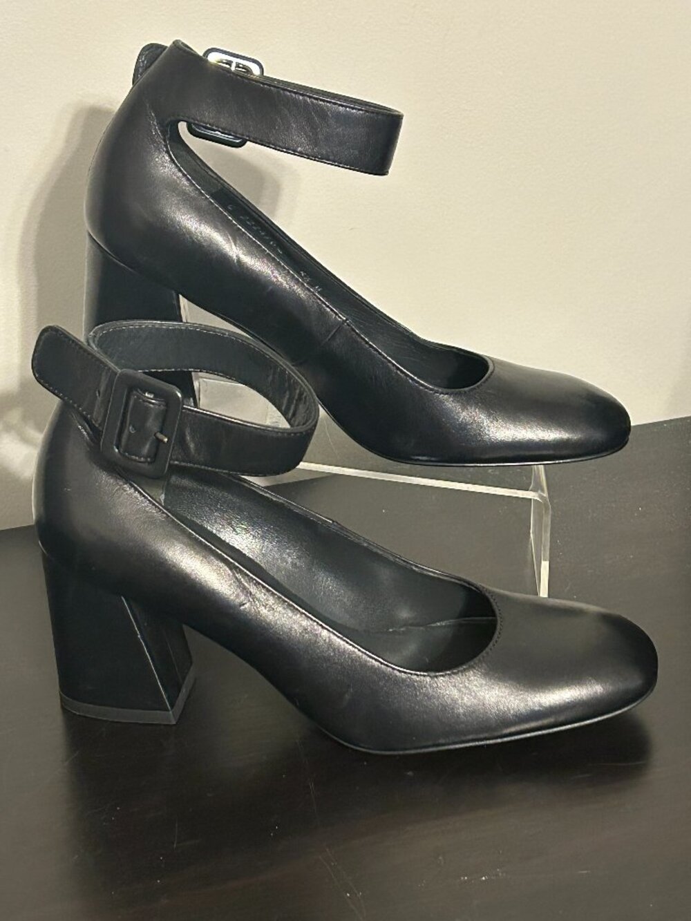 Stuart Weitzman Clarisa Sz 5.5 Black Leather Ankle Strap Block Heels Shoes NEW